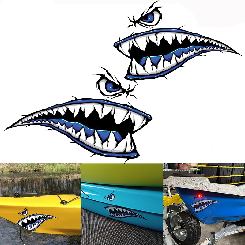 Fishing Boat Trailer - 2PCS ฟันฉลามปากเรือสติกเกอร์กันน้ําสําหรับ DIY เรือคายัคตกปลาเรือแคนูรถบรรทุกครีมกันแดดการปรับเปลี่ยนไวนิล Decals